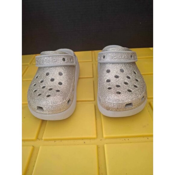 Kids Crocs Silver Glitter Clogs With Strap Size 12 - Picture 1 of 8